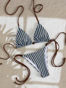 Swim Mod 女士春夏沙滩音乐节针织提花条纹串珠吊带性感时尚优雅比基尼套装 - 彩色 - 查看 4
