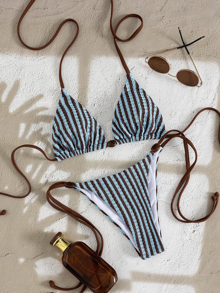 Swim Mod Ladies' Spring/Summer Beach Music Festival Knitted Jacquard Striped Beaded Halter Sexy Fashion Elegant Bikini Set - Multicolor - View 3