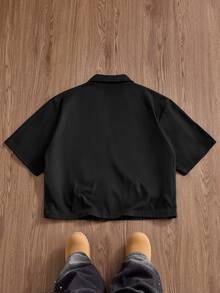 ESTAVOR 男士純色休閒百搭短袖襯衫，適合日常穿著 - 黑色 - 查看 2