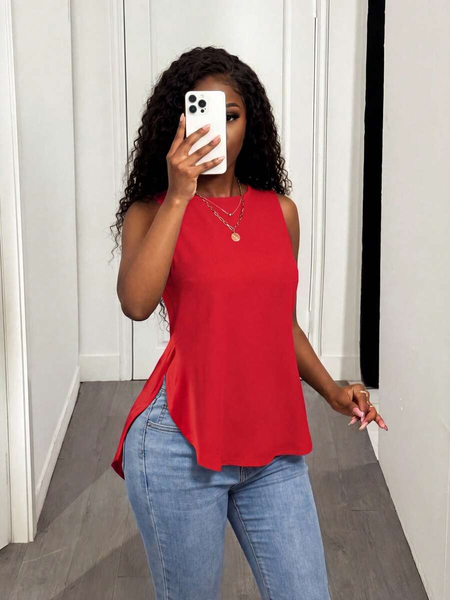 BamGleam 1 pieza Camiseta casual de mujer de cuello redondo y bajo con abertura lateral de un solo color - Rojo - Ver 1