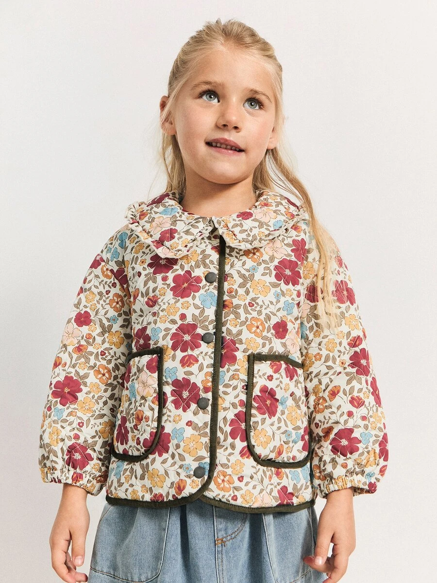 Maija Kids Maija Kids Young Girls Ditsy Floral Quilted Padded Collar Long Sleeve Jacket, Cute Countryside Style,In Fall/Winter - Brown - View 1