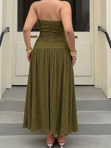 Muchica Plus Size Women's Solid Color Pleated Fashion Strapless Vacation Dress - Army Green - View 2