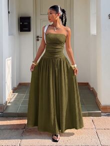 Muchica Plus Size Women's Solid Color Pleated Fashion Strapless Vacation Dress - Army Green - View 7