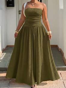 Muchica Plus Size Women's Solid Color Pleated Fashion Strapless Vacation Dress - Army Green - View 1