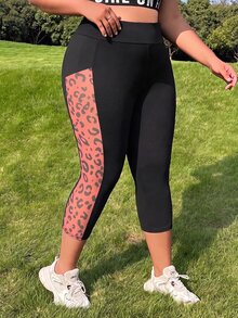 Muchica Plus Size Women's Patchwork Leopard Print High Waist Casual Retro Cropped Leggings Gym Vacation Black Summer - Burgundy - View 1