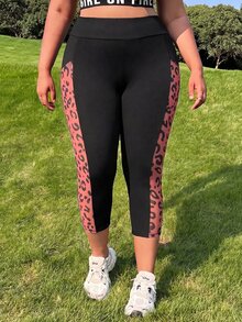 Muchica Plus Size Women's Patchwork Leopard Print High Waist Casual Retro Cropped Leggings Gym Vacation Black Summer - Burgundy - View 5