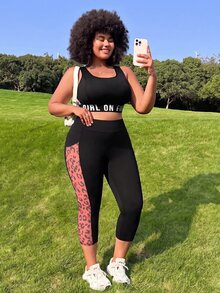 Muchica Plus Size Women's Patchwork Leopard Print High Waist Casual Retro Cropped Leggings Gym Vacation Black Summer - Burgundy - View 4