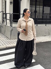 Muchica Casual Versatile Apricot Plus Size Shirt Fall - Apricot - View 5