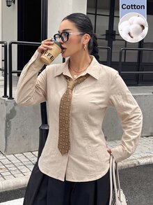 Muchica Casual Versatile Apricot Plus Size Shirt Fall - Apricot - View 6