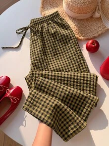 Comfortcana Plus Size Women's Casual Traditional Plaid Pants, Autumn Formal Vacation Mustard Yellow Fall - Brown - View 10