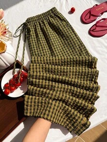 Comfortcana Plus Size Women's Casual Traditional Plaid Pants, Autumn Formal Vacation Mustard Yellow Fall - Brown - View 1