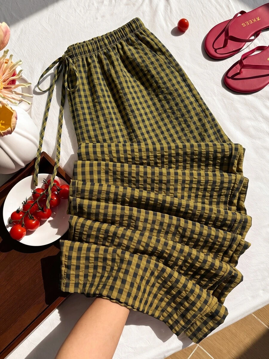 Comfortcana Plus Size Women's Casual Traditional Plaid Pants, Autumn Formal Vacation Mustard Yellow Fall - Brown - View 1