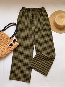 Comfortcana Plus Size Women's Casual Traditional Plaid Pants, Autumn Formal Vacation Mustard Yellow Fall - Brown - View 4