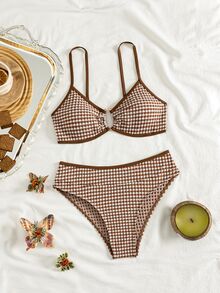 Swim Mod Ladies Beach Brown Checkered Cute Casual Vacation Bikini Set - Multicolor - View 3