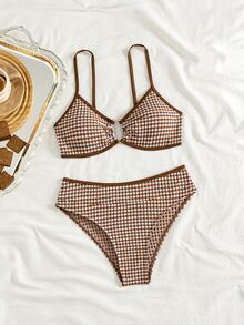 Swim Mod Ladies Beach Brown Checkered Cute Casual Vacation Bikini Set - Multicolor - View 6