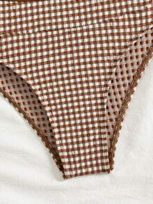 Swim Mod Ladies Beach Brown Checkered Cute Casual Vacation Bikini Set - Multicolor - View 5