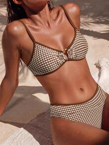 Swim Mod Ladies Beach Brown Checkered Cute Casual Vacation Bikini Set - Multicolor - View 1