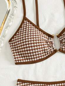 Swim Mod Ladies Beach Brown Checkered Cute Casual Vacation Bikini Set - Multicolor - View 4
