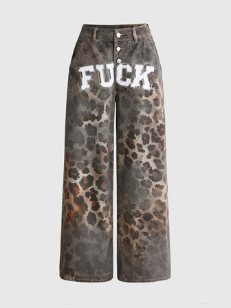 Street Life Jeans in denim da donna con stampa leopardata, patchwork e ricamo, stile street, streetwear, hot girl, ampi, vintage, hip hop americano, per uscire e serate autunnali