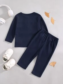 SHEIN Playful Pals 2件組 幼兒男童熱帶牛仔風海軍藍條紋華夫格針織長袖T恤與長褲套裝 家庭穿搭 度假 秋季 校園 社團 - 藍色 - 查看 4