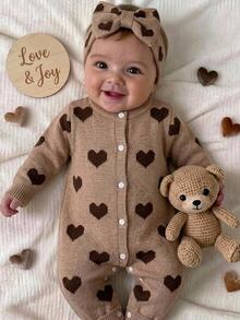 SHEIN Newborn Baby Girl Knit Autumn/Winter Cute Heart Pattern Romper - Multicolor - View 1