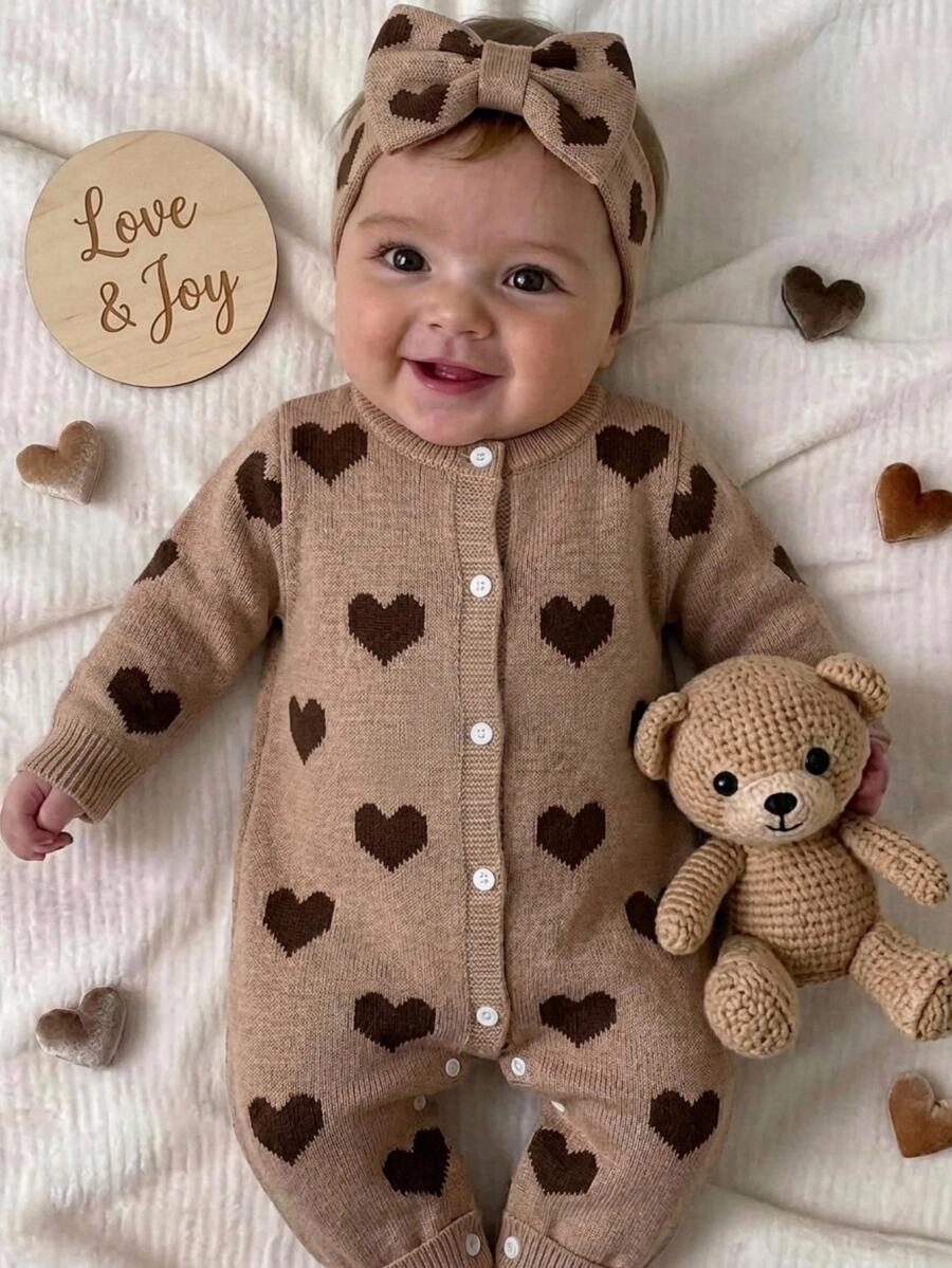 SHEIN Newborn Baby Girl Knit Autumn/Winter Cute Heart Pattern Romper - Multicolor - View 1