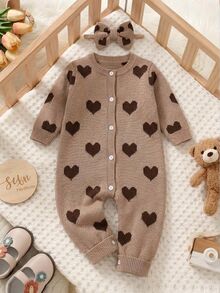 SHEIN Newborn Baby Girl Knit Autumn/Winter Cute Heart Pattern Romper - Multicolor - View 2