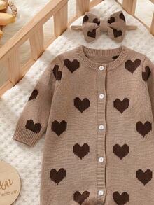 SHEIN Newborn Baby Girl Knit Autumn/Winter Cute Heart Pattern Romper - Multicolor - View 5