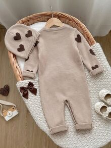 SHEIN Newborn Baby Girl Knit Autumn/Winter Cute Heart Pattern Romper - Multicolor - View 4