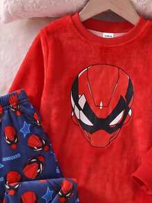 Baby Boy Fashion Casual Superhero Print Crew Neck Long Sleeve Top & Superhero Element All-Over Print Long Pants Double-Sided Flannel Fuzzy Pattern Print Loungewear 2-Piece Pajama Set - Multicolor - View 5