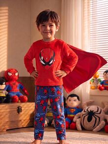 Baby Boy Fashion Casual Superhero Print Crew Neck Long Sleeve Top & Superhero Element All-Over Print Long Pants Double-Sided Flannel Fuzzy Pattern Print Loungewear 2-Piece Pajama Set - Multicolor - View 1
