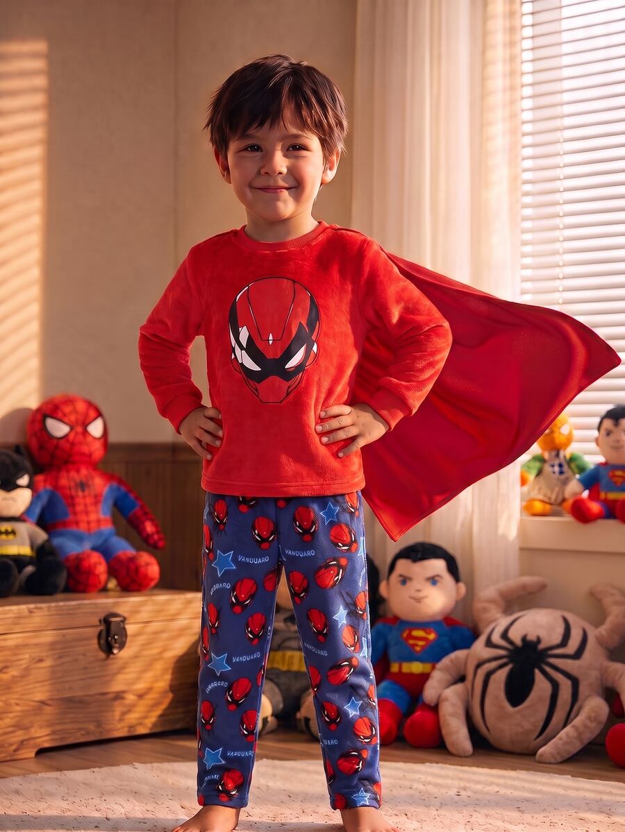 Baby Boy Fashion Casual Superhero Print Crew Neck Long Sleeve Top & Superhero Element All-Over Print Long Pants Double-Sided Flannel Fuzzy Pattern Print Loungewear 2-Piece Pajama Set - Multicolor - View 1