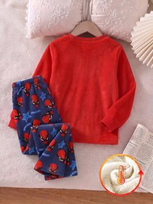 Baby Boy Fashion Casual Superhero Print Crew Neck Long Sleeve Top & Superhero Element All-Over Print Long Pants Double-Sided Flannel Fuzzy Pattern Print Loungewear 2-Piece Pajama Set - Multicolor - View 2