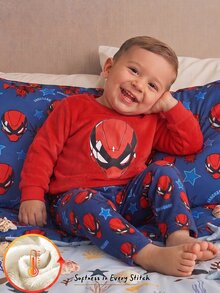 Baby Boy Fashion Casual Superhero Print Crew Neck Long Sleeve Top & Superhero Element All-Over Print Long Pants Double-Sided Flannel Fuzzy Pattern Print Loungewear 2-Piece Pajama Set - Multicolor - View 4