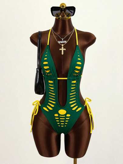 Zestiva Women's Sexy Beach Vacation Bohemian Party Neon Bright Ripped Hollow Out One-Piece Swimsuit