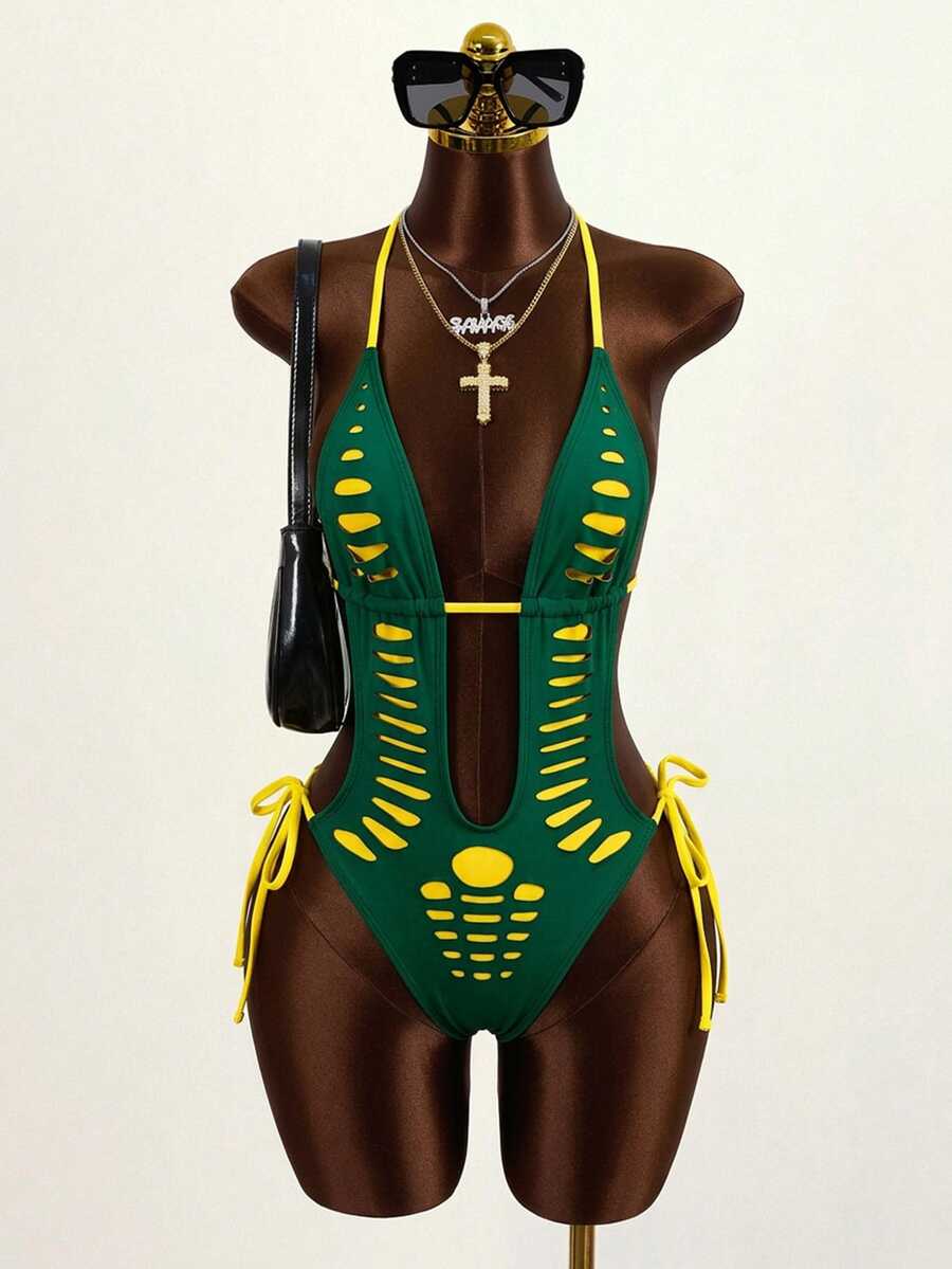 Zestiva 女士性感海滩度假波西米亚派对霓虹亮色镂空连体泳衣 - 綠色 - 查看 1