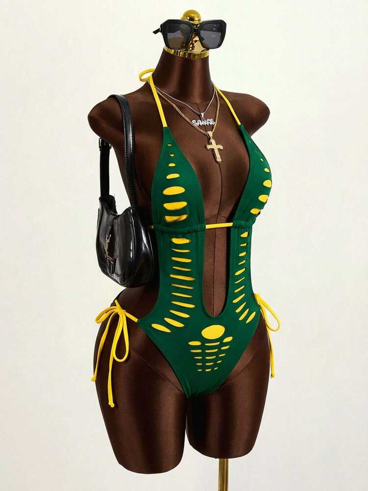 Zestiva Women's Sexy Beach Vacation Bohemian Party Neon Bright Ripped Hollow Out One-Piece Swimsuit - Green - View 4