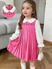 Elladie kids 女童復古蕾絲領襯衫與百褶背心裙套裝，學院風校園風格 - 西瓜粉 - 查看 4