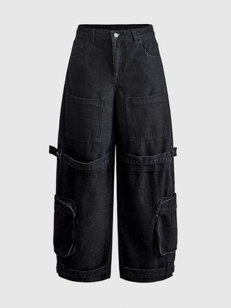 Street Life Damen Schwarze Denim Jeans Streetwear Cargotaschen Oversize Hot Girl Boyish
