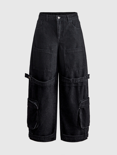 Street Life Damen Schwarze Denim Jeans Streetwear Cargotaschen Oversize Hot Girl Boyish