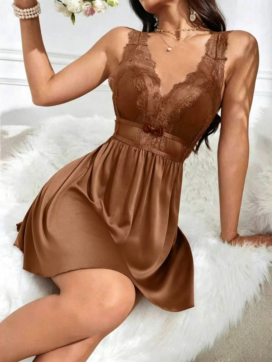 SHEIN 女士性感蕾丝拼接无袖露背睡裙 - 咖啡棕 - 查看 1
