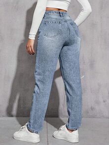 Flexra Celana Jeans Denim Biru Muda Kasual Nyaman Ukuran Besar untuk Wanita, Model Sobek, Tidak Melar - Light Wash - View 2