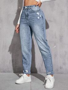 Flexra Celana Jeans Denim Biru Muda Kasual Nyaman Ukuran Besar untuk Wanita, Model Sobek, Tidak Melar - Light Wash - View 1