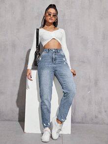 Flexra Celana Jeans Denim Biru Muda Kasual Nyaman Ukuran Besar untuk Wanita, Model Sobek, Tidak Melar - Light Wash - View 3