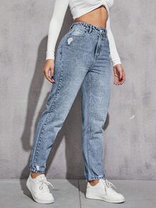 Flexra Celana Jeans Denim Biru Muda Kasual Nyaman Ukuran Besar untuk Wanita, Model Sobek, Tidak Melar - Light Wash - View 5