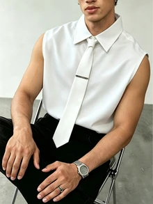 Manfinity Dauomo 男士休閒優雅無袖襯衫，時尚百搭辦公正式穿搭，純白色夏季款 - 白色 - 查看 4