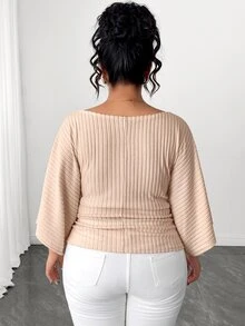 Elenzga Plus Size Women's Knitted High Stretch Bell Sleeve Round Neck Solid Color Elegant T-Shirt Fall - Apricot - View 2