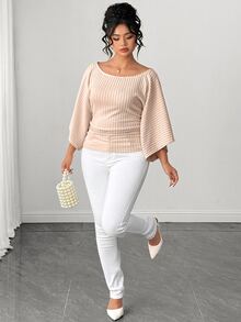Elenzga Plus Size Women's Knitted High Stretch Bell Sleeve Round Neck Solid Color Elegant T-Shirt Fall - Apricot - View 5