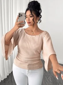 Elenzga Plus Size Women's Knitted High Stretch Bell Sleeve Round Neck Solid Color Elegant T-Shirt Fall - Apricot - View 6