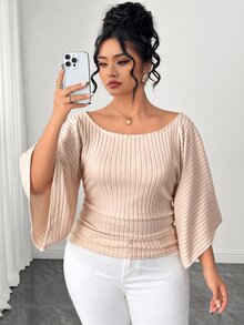 Elenzga Plus Size Women's Knitted High Stretch Bell Sleeve Round Neck Solid Color Elegant T-Shirt Fall - Apricot - View 3